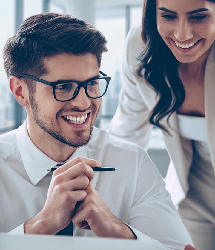 Happy smiling business man and woman
