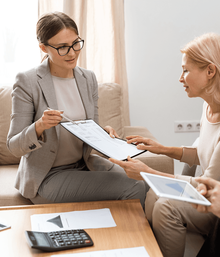 Services and funds, business women discussing documents