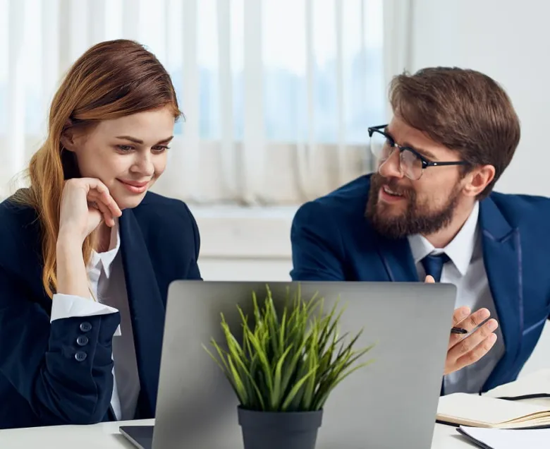 Office people discussing and smiling
